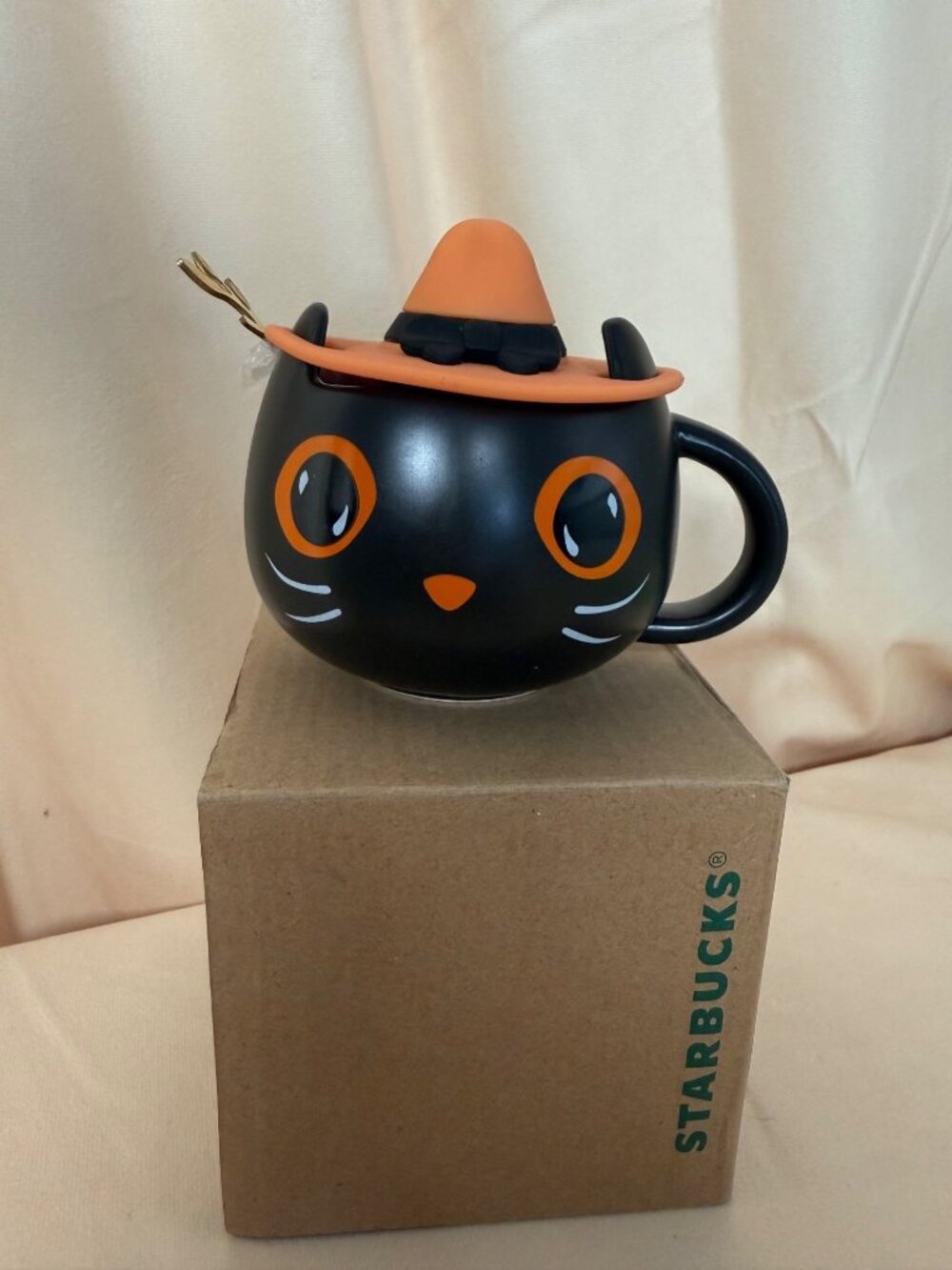 Starbucks Mugs Black Cat W Cap Lid Gold Spoon Hallowmas Coffee Gift Collective
